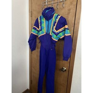 Vintage 80s Color Block Neon Obermeyer One Piece Snow Ski Suit Size 8 No Belt